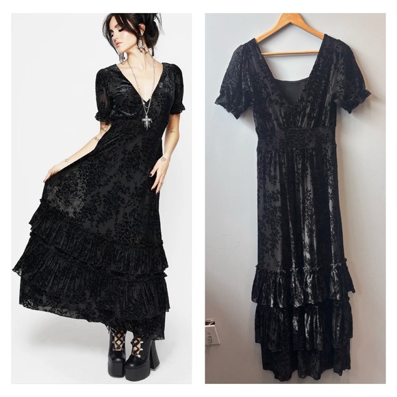 Disturbia Dresses & Skirts - Disturbia Lilias Devoré Tiered Maxi Dress size 2 Black Velvet Goth Whimsygoth